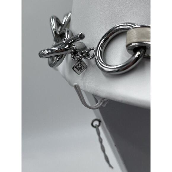 Banana Republic Silver Tone Link Necklace With Beige Leather Links Toggle Clasp - Picture 10 of 14